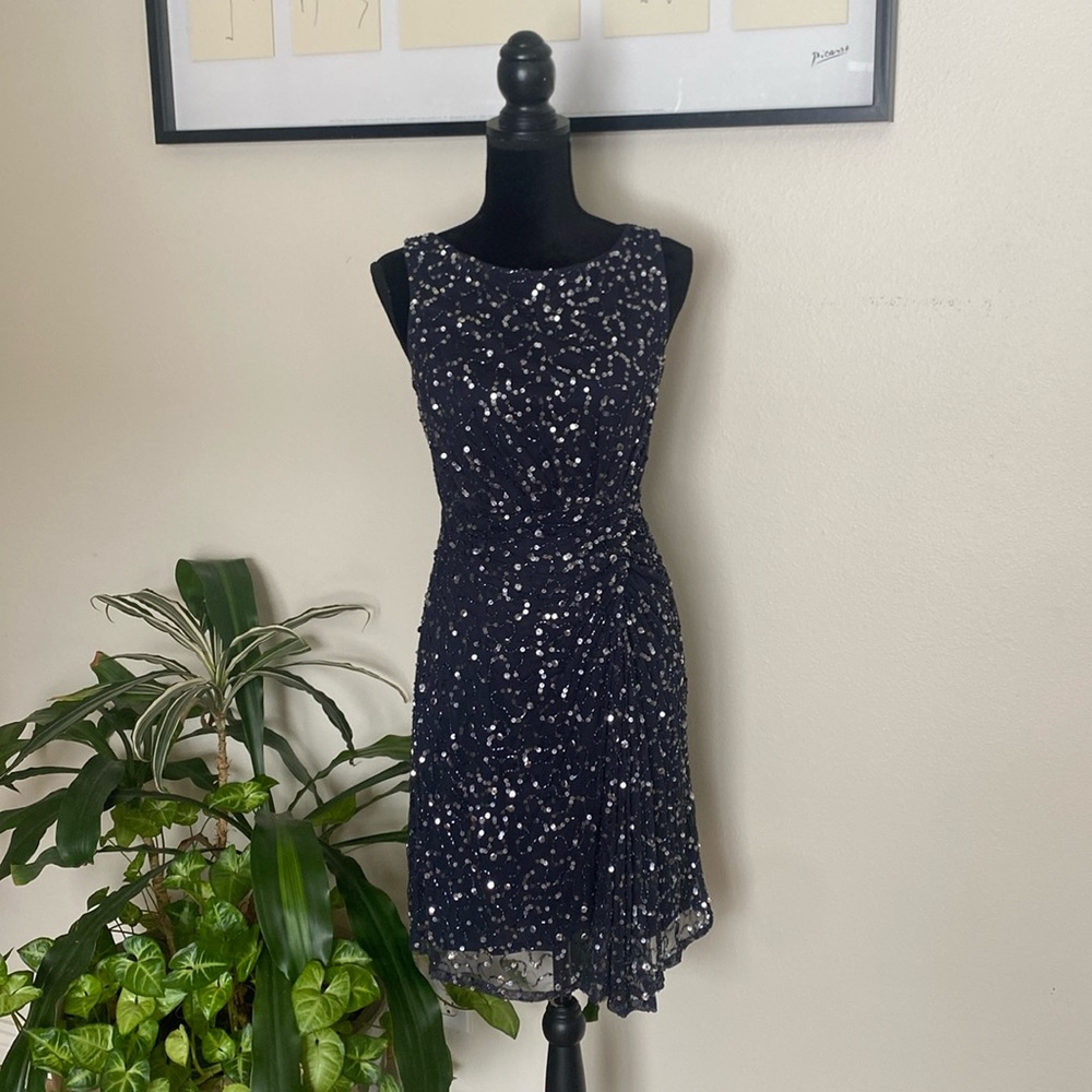 PATRA Navy Mesh Sequined Sleeveless Cocktail Dress